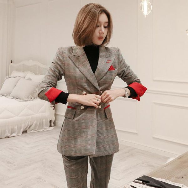 women's suits & blazers set female plaid suit jacket trousers two sets of autumn and winter temperament double-breasted professional ca, White;black
women's suits & blazers set female plaid suit jacket trousers two sets of autumn and winter temperament double-breasted professional ca, White;black