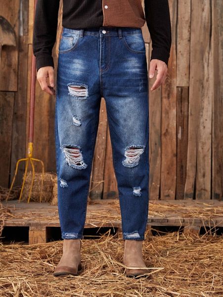 men ripped carrot jeans k4ss#, Blue