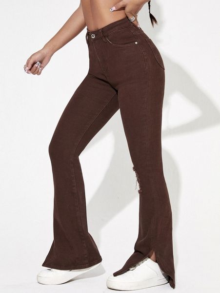 high waisted ripped split hem flare jeans s3tv#, Blue