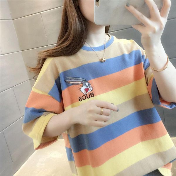 women's t-shirt 2021 striped rainbow women tshirts summer casual half sleeve tees streetwear harajuku korean plus size female tshirt, White
women's t-shirt 2021 striped rainbow women tshirts summer casual half sleeve tees streetwear harajuku korean plus size female tshirt, White