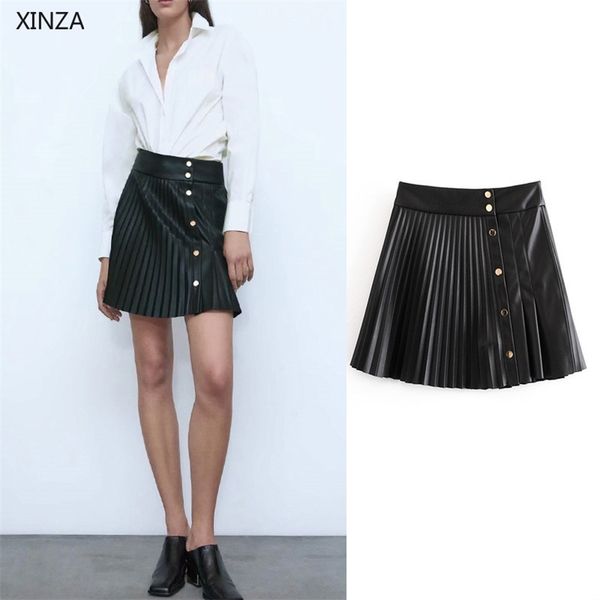 women pleated leatherette mini za skirt front metal snap button skirts female elegant faux leather short skirt 210311, Black
women pleated leatherette mini za skirt front metal snap button skirts female elegant faux leather short skirt 210311, Black