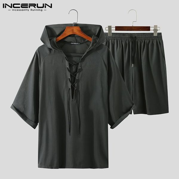 men's tracksuits incerun solid color men sets hooded half sleeve lace up t shirts drawstring shorts 2021 korean loose streetwear casual, Gray
men's tracksuits incerun solid color men sets hooded half sleeve lace up t shirts drawstring shorts 2021 korean loose streetwear casual, Gray