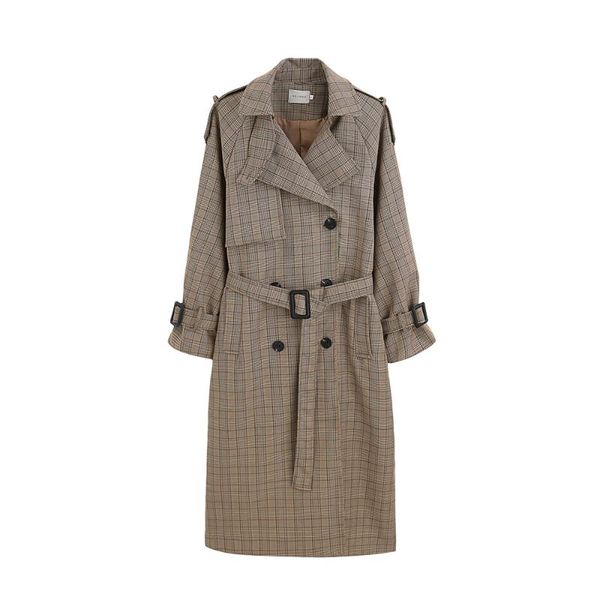 women's trench coats korean style ladies coat plaid long double breasted belted oversize loose women duster outerwear with storm flaps, Tan;black
women's trench coats korean style ladies coat plaid long double breasted belted oversize loose women duster outerwear with storm flaps, Tan;black