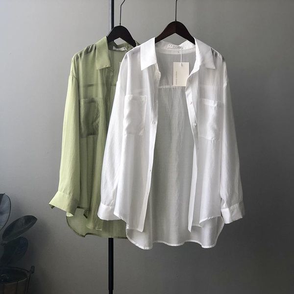women's blouses & shirts gagarich women blouse thin female summer 2021 korean style transparent wild solid single-breasted lapel long-s, White
women's blouses & shirts gagarich women blouse thin female summer 2021 korean style transparent wild solid single-breasted lapel long-s, White