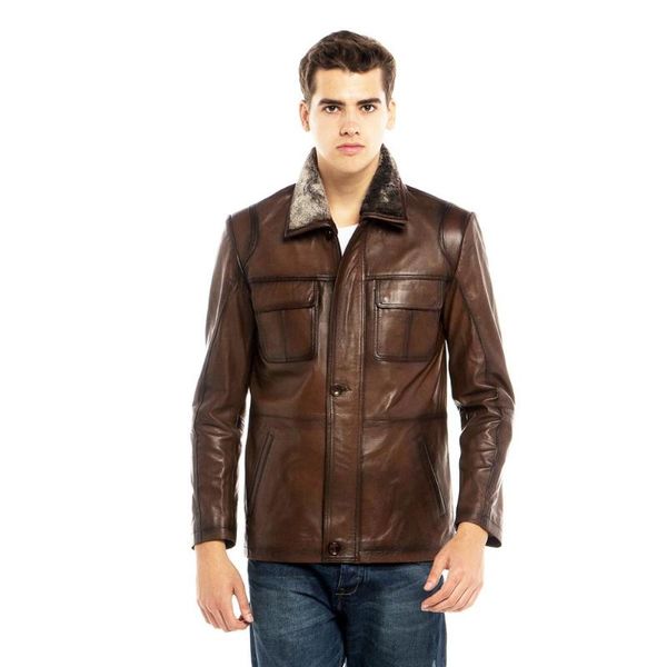 men's leather & faux man parka furry coat collar metal zipper button geniue, Black
men's leather & faux man parka furry coat collar metal zipper button geniue, Black