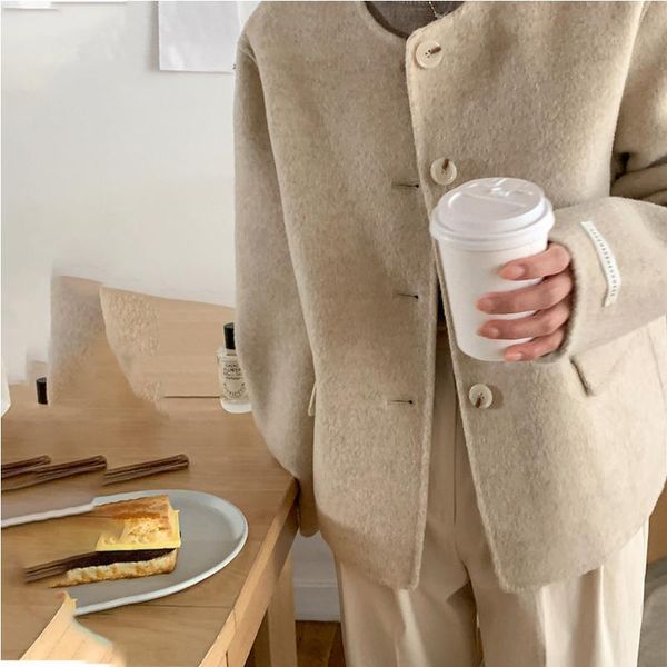 women's wool & blends autumn winter casual all-match edging stitched round neck long sleeve jacket coat, Black
women's wool & blends autumn winter casual all-match edging stitched round neck long sleeve jacket coat, Black