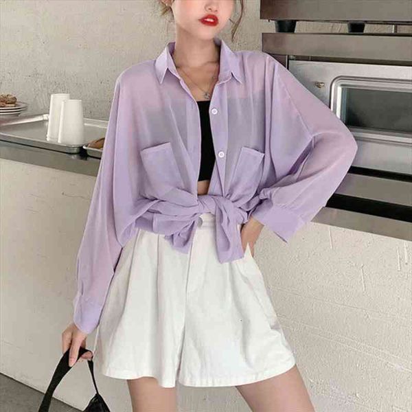 women chiffon blouse long sleeve spring summer lilac pocket loose thin sunscreen shirt bikini cover up beachwear, White
women chiffon blouse long sleeve spring summer lilac pocket loose thin sunscreen shirt bikini cover up beachwear, White