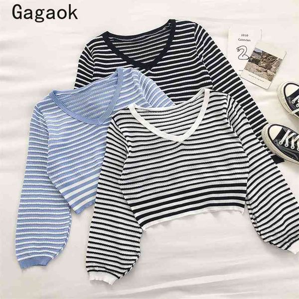 women fashion knitted sweater spring autumn v-neck lantern sleeve short striped casual simple wild pullover 210531, White;black
women fashion knitted sweater spring autumn v-neck lantern sleeve short striped casual simple wild pullover 210531, White;black