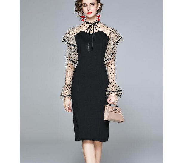women new flared sleeve ruffled mesh polka dot high waist stitching annual party party dress, Black;gray
women new flared sleeve ruffled mesh polka dot high waist stitching annual party party dress, Black;gray
