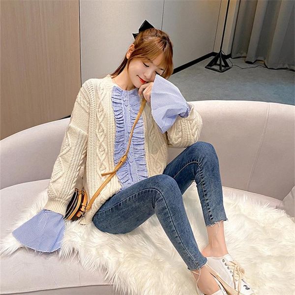 women's knits & tees cardigan sweater shirt stitching horn sleeve french lady knitwear temperament all-match, White
women's knits & tees cardigan sweater shirt stitching horn sleeve french lady knitwear temperament all-match, White