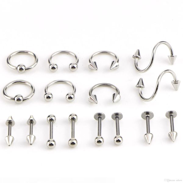 16 pcs set stainless steel nose lip nipple eyebrow ear studs bar ring ball piercing kit body jewelry, Silver
16 pcs set stainless steel nose lip nipple eyebrow ear studs bar ring ball piercing kit body jewelry, Silver