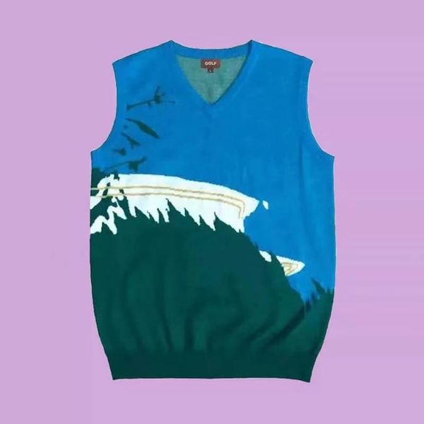 men's vests golf wang gelato sweater vest loose and women's color knitwear trendy green mountain landscape painting, Black;white
men's vests golf wang gelato sweater vest loose and women's color knitwear trendy green mountain landscape painting, Black;white