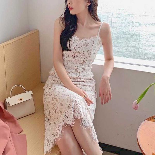 white elegant strap summer dress women vintage sweet hollow out lace casual dress french chic party floral dress 2021 y0603, Black;gray
white elegant strap summer dress women vintage sweet hollow out lace casual dress french chic party floral dress 2021 y0603, Black;gray
