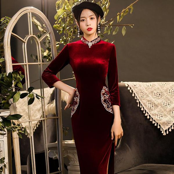ethnic clothing women velour burgundy cheongsams slim chinese wedding qipao elegant evening party dress gown large size 3xl 4xl vestido, Red
ethnic clothing women velour burgundy cheongsams slim chinese wedding qipao elegant evening party dress gown large size 3xl 4xl vestido, Red