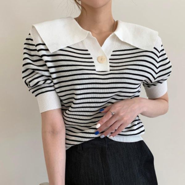women's t-shirt summer anti-aging casual loose striped lapel puff sleeve versatile slimming thin knitwear for women, White
women's t-shirt summer anti-aging casual loose striped lapel puff sleeve versatile slimming thin knitwear for women, White