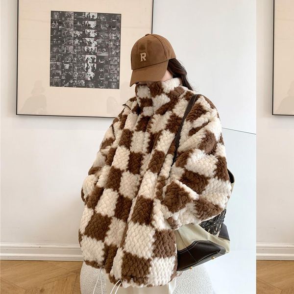 women's fur & faux women plaid weave coat stand collar long sleeve winter brown green casual warm soft outwear, Black
women's fur & faux women plaid weave coat stand collar long sleeve winter brown green casual warm soft outwear, Black