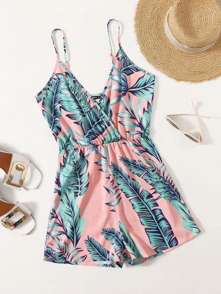 wrap detail tropical print cami romper o3zg#, White 
wrap detail tropical print cami romper o3zg#, White