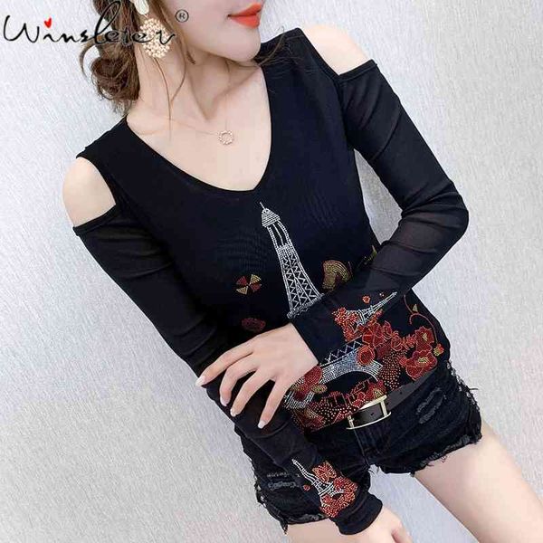 women's t-shirt fall winter korean style t-shirt chic off shoulder shiny mesh tower diamonds women back ropa muje, White
women's t-shirt fall winter korean style t-shirt chic off shoulder shiny mesh tower diamonds women back ropa muje, White