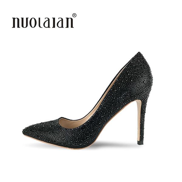 dress shoes brand women pumps sesy high heels rhinestone women's pointed toe wedding woman, Black