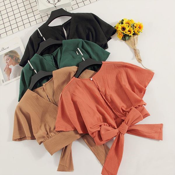summer batwing sleeve v neck women shirts bow backless bandage bowknot short slim high waist chic chiffon, White
summer batwing sleeve v neck women shirts bow backless bandage bowknot short slim high waist chic chiffon, White