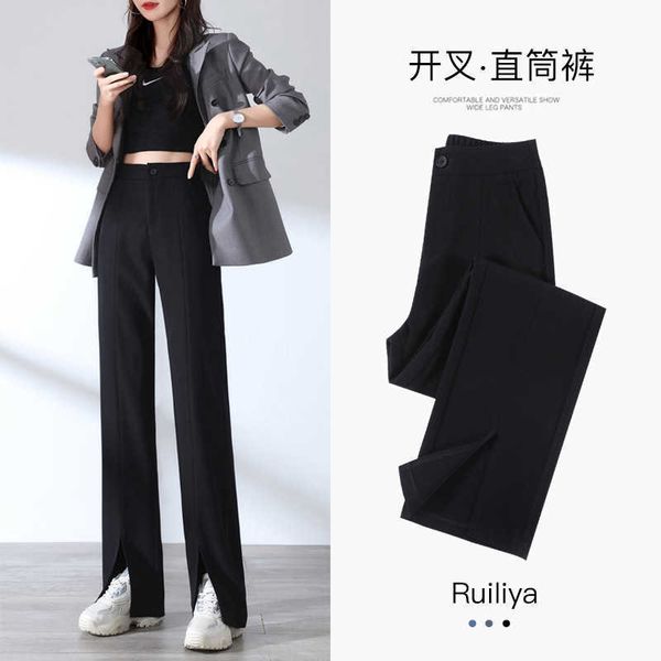 split wide leg pants women's high waist drop spring wear slim with loose casual straight suit floor, Black;white
split wide leg pants women's high waist drop spring wear slim with loose casual straight suit floor, Black;white