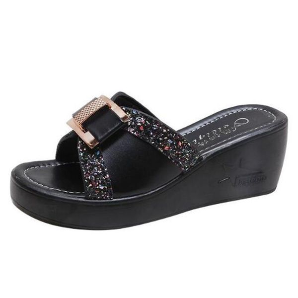 women slippers summer sequins platform wedge slides woman bling leather beach sandals open toe casual shoe ladies outdoor shoes, Black
women slippers summer sequins platform wedge slides woman bling leather beach sandals open toe casual shoe ladies outdoor shoes, Black