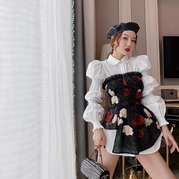 design sense retro shirt embroidered flower tube two-piece summer blouse hong kong style temperament women's suit 210225, White
design sense retro shirt embroidered flower tube two-piece summer blouse hong kong style temperament women's suit 210225, White