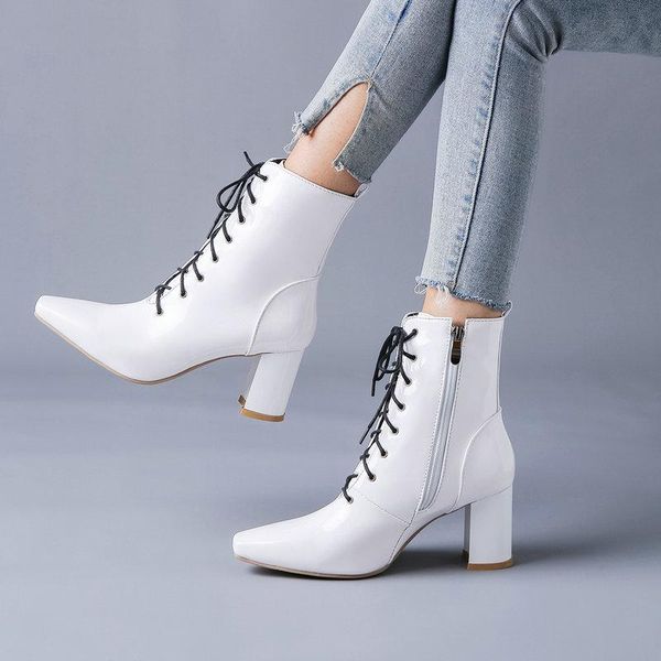 boots women fashion patent leather ankle square toe high heel zipper lace up autumn winter female shoes black white
boots women fashion patent leather ankle square toe high heel zipper lace up autumn winter female shoes black white