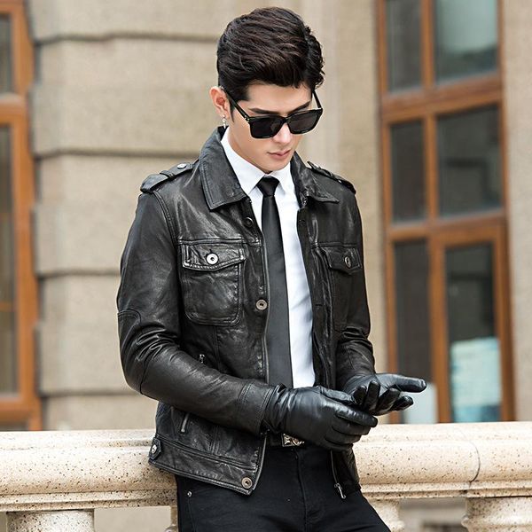 men's leather & faux haining jacket autumn and winter lapel fashion short sheepskin locomotive, Black
men's leather & faux haining jacket autumn and winter lapel fashion short sheepskin locomotive, Black