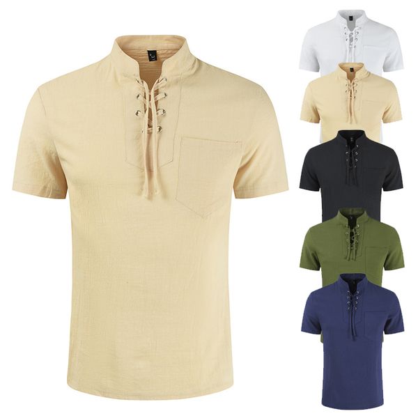 men's t-shirt summer stand collar solid linen fashion youth street short sleeve top, White;black
men's t-shirt summer stand collar solid linen fashion youth street short sleeve top, White;black