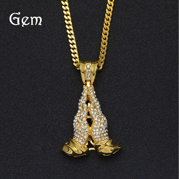 men's hip hop new necklace exaggerated diamond inlaid praying hand pendant, Silver