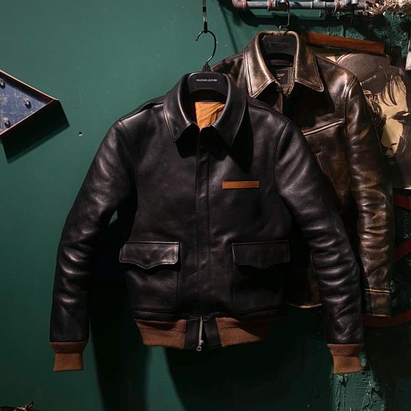 men's leather & faux thick 1.8mm non-coated a2 pilot jacket vintage genuine clothes, Black
men's leather & faux thick 1.8mm non-coated a2 pilot jacket vintage genuine clothes, Black