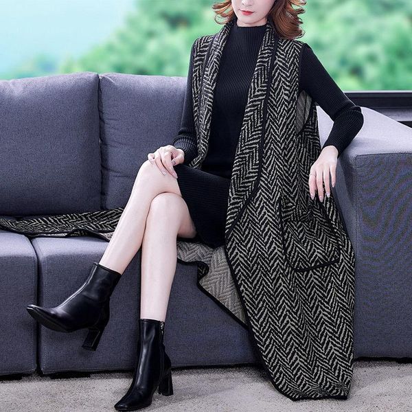women's vests jacquard vest 2021 woolen jacket sleeveless mid-length windbreaker plus size waistcoat autumn and winter coat m955, Black;white 
women's vests jacquard vest 2021 woolen jacket sleeveless mid-length windbreaker plus size waistcoat autumn and winter coat m955, Black;white