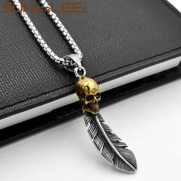 pendant necklaces sunnerlees 316l stainless steel necklace punk gold color skull silver feather link chain men women gift sp70
pendant necklaces sunnerlees 316l stainless steel necklace punk gold color skull silver feather link chain men women gift sp70