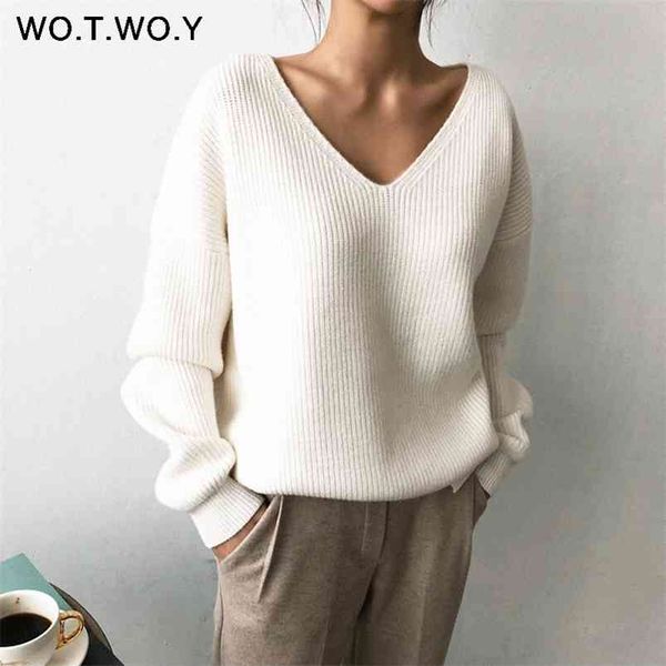 wotwoy v-neck knitted oversized sweaters women autumn winter long sleeve basic sweater women white casual loose pullovers female 210812, White;black 
wotwoy v-neck knitted oversized sweaters women autumn winter long sleeve basic sweater women white casual loose pullovers female 210812, White;black