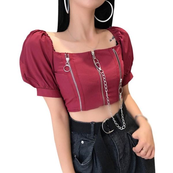 women's t-shirt summer short square collar neck tooling zipper exposed navel tee slim sleeve tshirt with chain, White
women's t-shirt summer short square collar neck tooling zipper exposed navel tee slim sleeve tshirt with chain, White