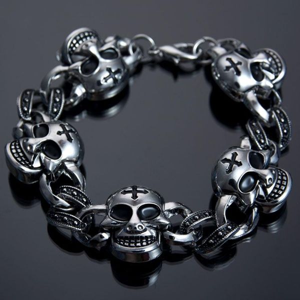 link, chain punk domineering men 316l stainless steel skull bracelet silver plated cross trend motorcycle party jewelry, Black
link, chain punk domineering men 316l stainless steel skull bracelet silver plated cross trend motorcycle party jewelry, Black