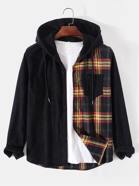 men's casual shirts hooded plaid patchwork long sleeve shirt autumn fashion japanese button 2021, White;black
men's casual shirts hooded plaid patchwork long sleeve shirt autumn fashion japanese button 2021, White;black