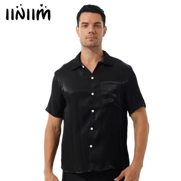 men's casual shirts men fashion streetwear glossy turn-down collar short sleeve shirt loose breathable solid button down with pocket, White;black
men's casual shirts men fashion streetwear glossy turn-down collar short sleeve shirt loose breathable solid button down with pocket, White;black