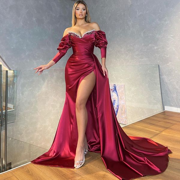 burgundy high side split mermaid evening dresses long sleeves off shoulder sweep train formal prom gowns, Black;red
burgundy high side split mermaid evening dresses long sleeves off shoulder sweep train formal prom gowns, Black;red