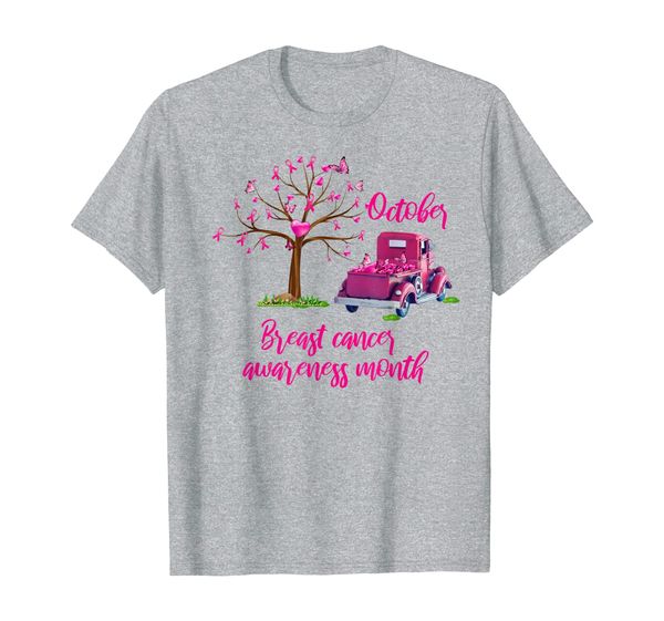 truck riding ribbon breast cancer awareness gifts t-shirt, White;black