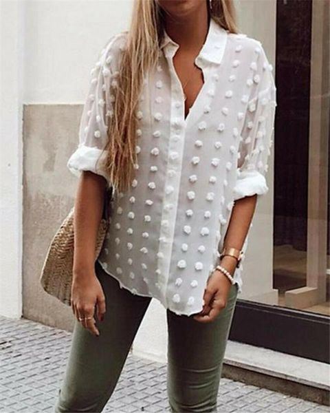 women see-through sheer chiffon blouse v neck polka dot shirt long sleeve tees autumn slim blouses shirts, White
women see-through sheer chiffon blouse v neck polka dot shirt long sleeve tees autumn slim blouses shirts, White