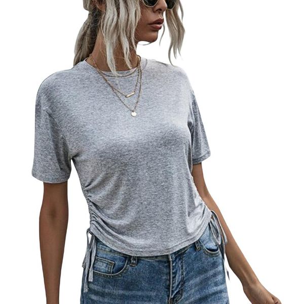 women's t-shirt t-shirt, solid color short sleeve round neck drawstring for vacation party dating, White
women's t-shirt t-shirt, solid color short sleeve round neck drawstring for vacation party dating, White
