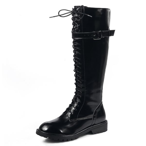 side lace zipper flat knee lower with rubber bottom belt buckle leather or patent boots t9vq, Black
side lace zipper flat knee lower with rubber bottom belt buckle leather or patent boots t9vq, Black