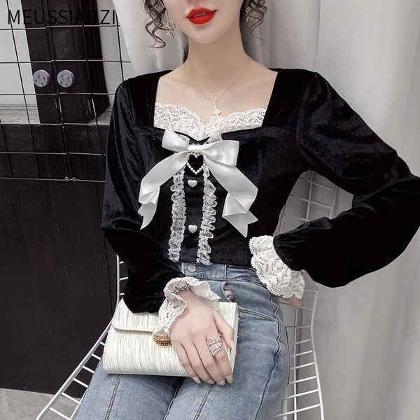 women's blouses & shirts 2021 spring autumn women elegant square collar with lace bow heart buttons shirt flare sleeve black velvet blo, White
women's blouses & shirts 2021 spring autumn women elegant square collar with lace bow heart buttons shirt flare sleeve black velvet blo, White