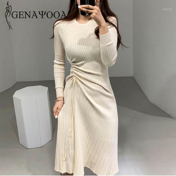 genayooa women dress elegant long sleebe o neck knitted midi drawstring office ladies vestido autumn winter casual dresses, Black;gray 
genayooa women dress elegant long sleebe o neck knitted midi drawstring office ladies vestido autumn winter casual dresses, Black;gray