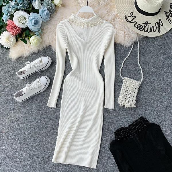 casual dresses halter v neck knitted women 2021 autumn lace pearl pullover long sleeve sweater dress black slim vestidos femme, Black;gray
casual dresses halter v neck knitted women 2021 autumn lace pearl pullover long sleeve sweater dress black slim vestidos femme, Black;gray