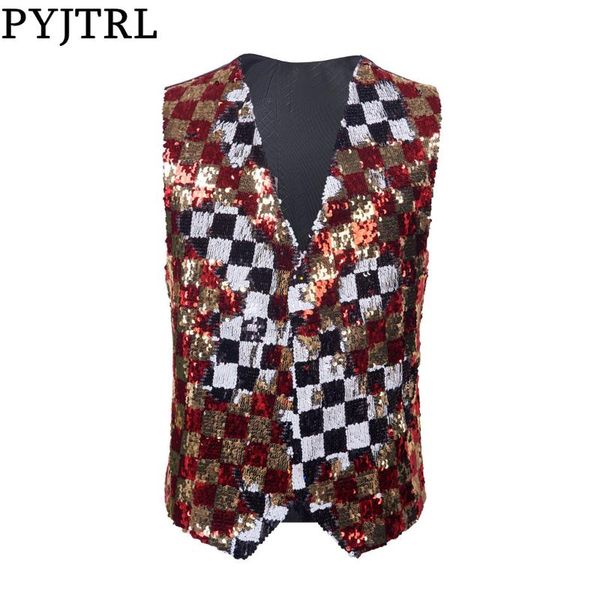 men's vests pyjtrl brand double-sided colors red gold black white plaid sequins waistcoat vest men gilet homme stage singers costume
men's vests pyjtrl brand double-sided colors red gold black white plaid sequins waistcoat vest men gilet homme stage singers costume