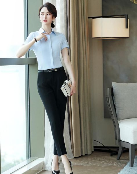 women's blouses & shirts ladies light blue women work 2 piece pant and sets wear blouse clothes ol styles, White
women's blouses & shirts ladies light blue women work 2 piece pant and sets wear blouse clothes ol styles, White