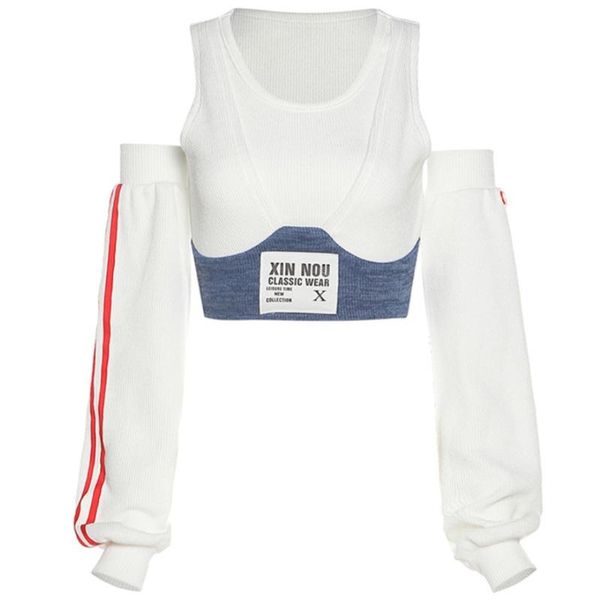 women's t-shirt women long sleeve off shoulder contrast color patchwork letters label harajuku ribbed knit slim sweater, White
women's t-shirt women long sleeve off shoulder contrast color patchwork letters label harajuku ribbed knit slim sweater, White